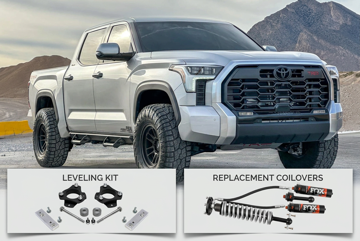 Silver Toyota truck above labeled comparison panels showing a leveling spacer kit and FOX replacement coilovers.