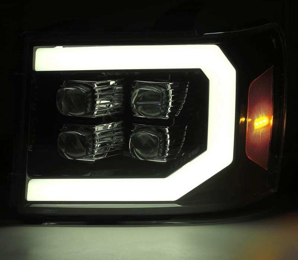 AlphaRex 07-13 GMC 1500HD NOVA LED Proj Headlights Plank - Jet Black w/Activ Light/Seq Signal/DRL