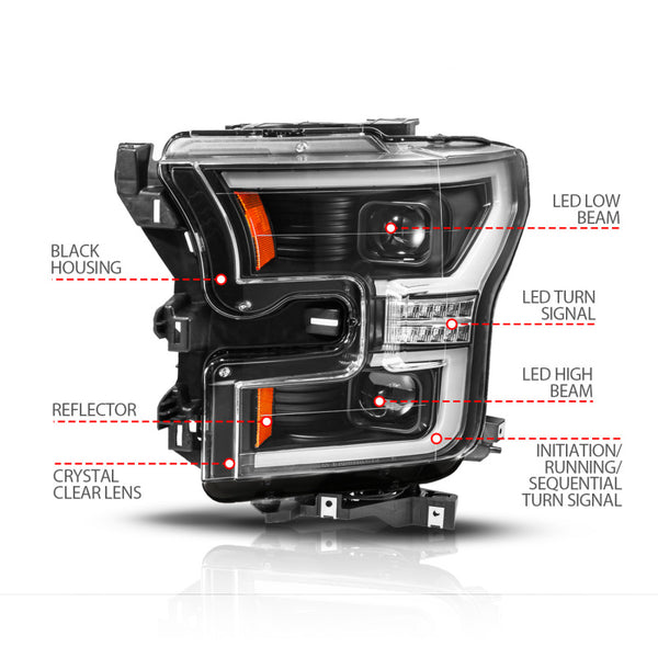 ANZO 15-17 Ford F-150 (Factory Halogen Model ONLY) Full LED Proj Headlights  Init/SeqSig Black- Pair