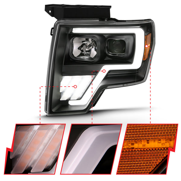 ANZO 2009-2013 Ford F-150 Projector Light Bar G4 Switchback Headlights Black Amber