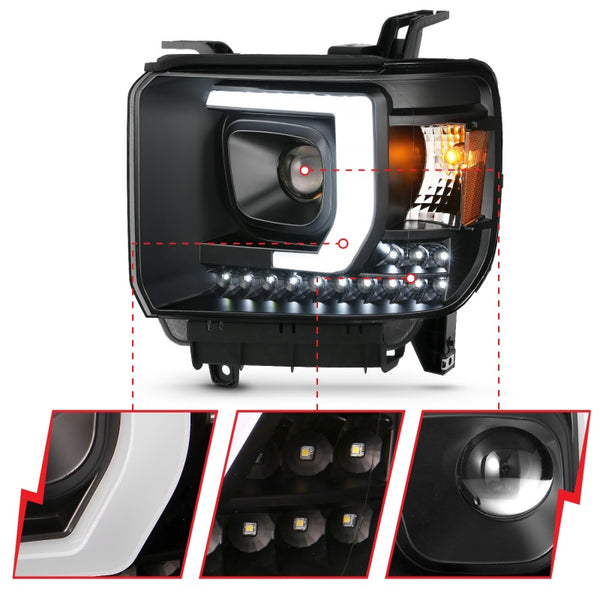 ANZO 2014-2015 GMC Sierra 1500HD Projector Plank Style Headlight Black W/ DRL