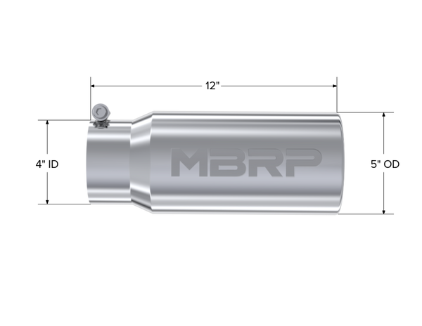 MBRP Exhaust Tip; 5in. O.D. Rolled Straight 4in. Inlet 12in. Length; T304