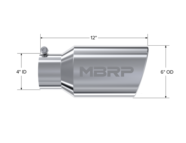 MBRP Exhaust Tip; 6in. O.D. Angled Rolled End 4in. Inlet 12in. Length; T304